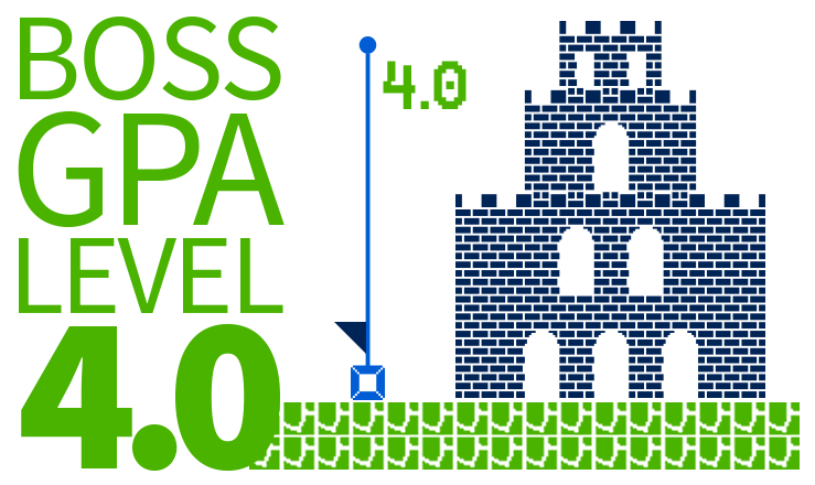 Boss GPA Level 4.0. Illustration of the three story Mario castle with the flag pulled down.